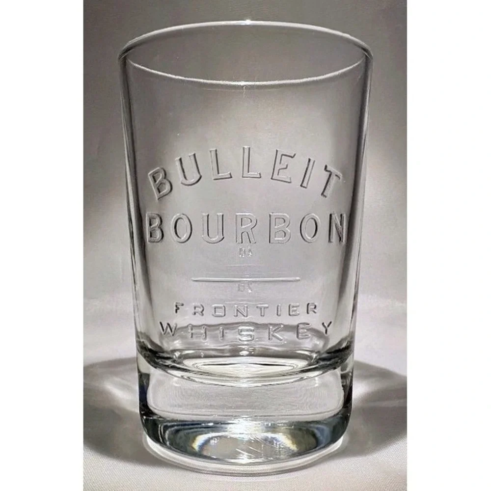 2 Oval BULLEIT BOURBON FRONTIER WHISKEY Glasses Raised Type Design NOS Pair